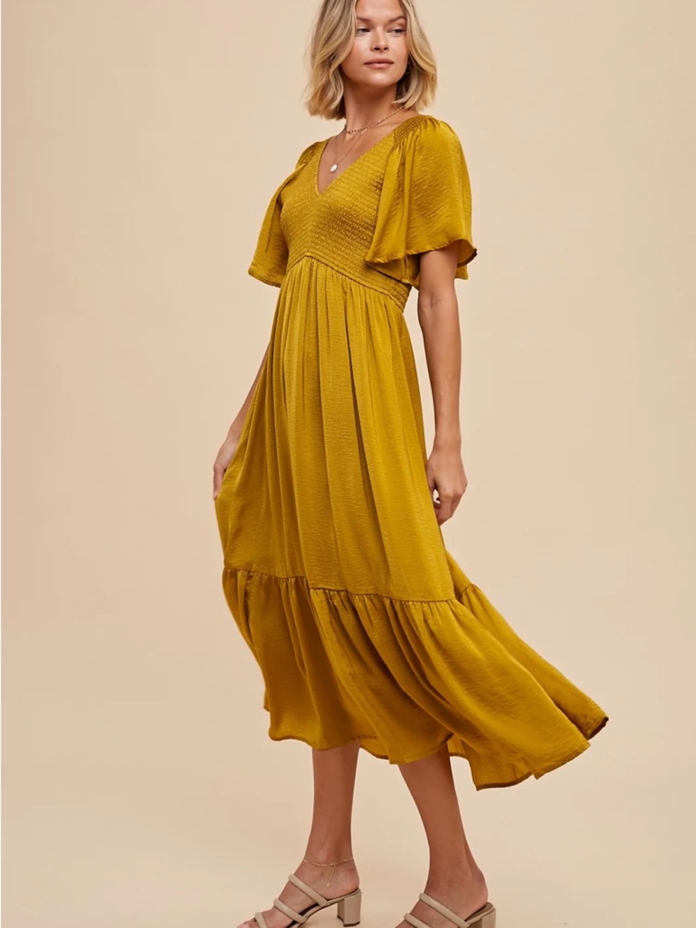Pinkblush Mustard Yellow/ Gold Flutter-Sleeve V-Neck Midi Dress